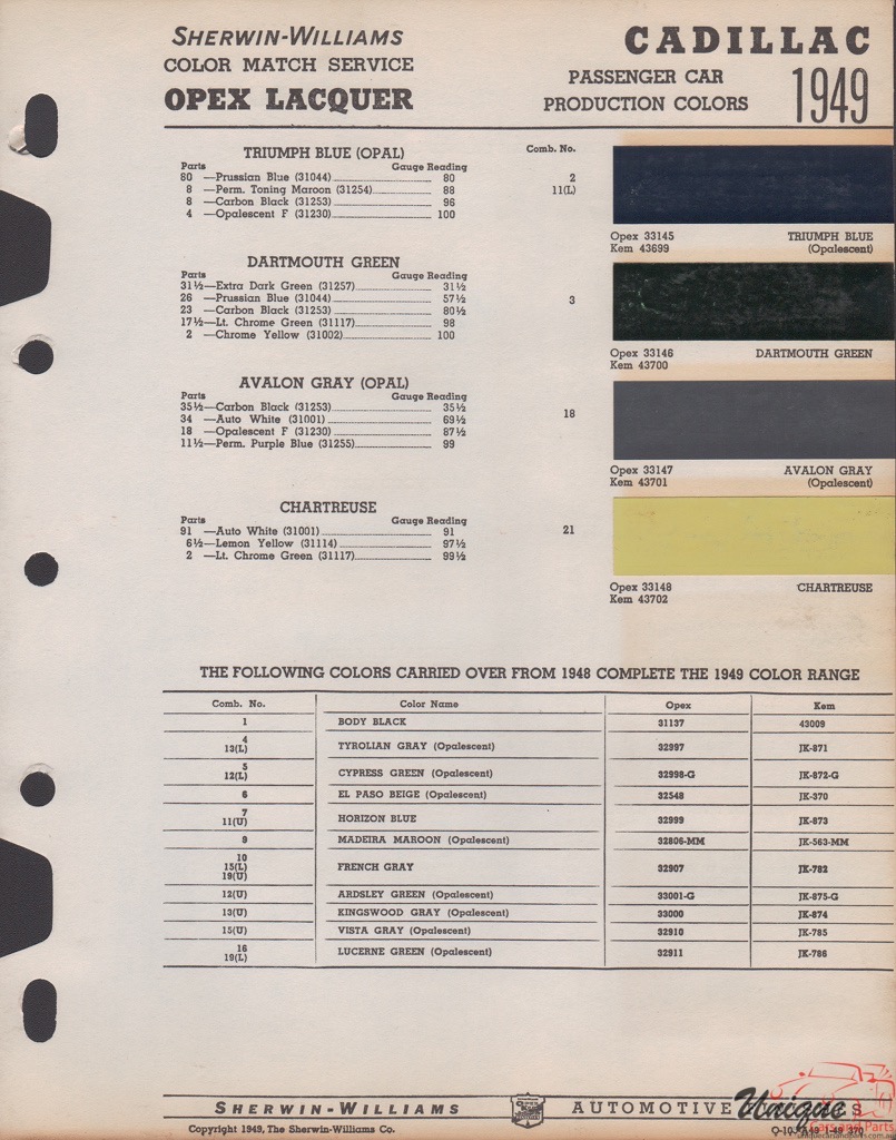 1949 Cadillac Paint Charts Williams 1